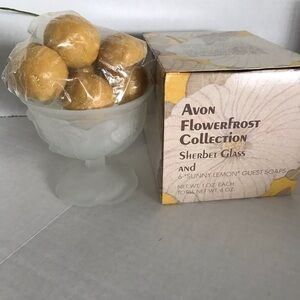 Vintage Avon Flowerfrost Collection Sherbert Glass & 6 “Sunny Lemon” Guest Soaps